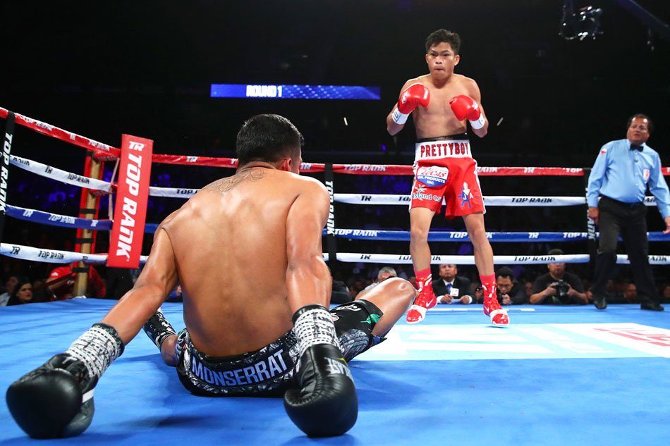 US DEBUT. Filipino Jerwin Ancajas looks over Israel Gonzalez after knocking down the Mexican in the 1st round on February 3, 2018 at the American Bank Center Corpus Christi, Texas. Photo from Top Rank  