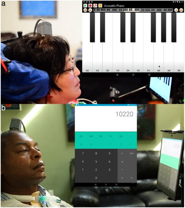 EXAMPLES. Just by thinking it, the individuals were able to play a digital piano and use a calculator. Photo from BrainGate 