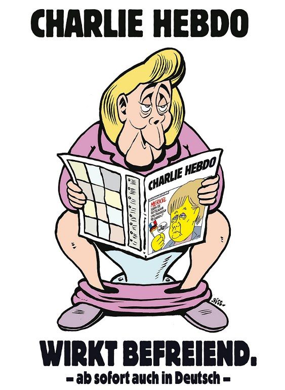 This handout picture released by French satirical weekly newspaper Charlie Hebdo shows a cartoon featuring German Chancellor Angela Merkel reading the paper while sitting on toilet aimed at being used on the cover of its German edition to be launched on December 1st, 2016. The title reads 'Charlie Hebdo has a liberating effect - from now on also in German.' Charlie Hebdo/Handout/AFP 