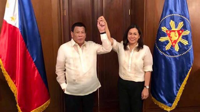 ENDORSEMENT. President Rodrigo Duterte raises the hand of Gertie Duran-Batocabe after a meeting in Malacanang on January 31, 2019. Photo courtesy of Gertie Duran-Batocabe 