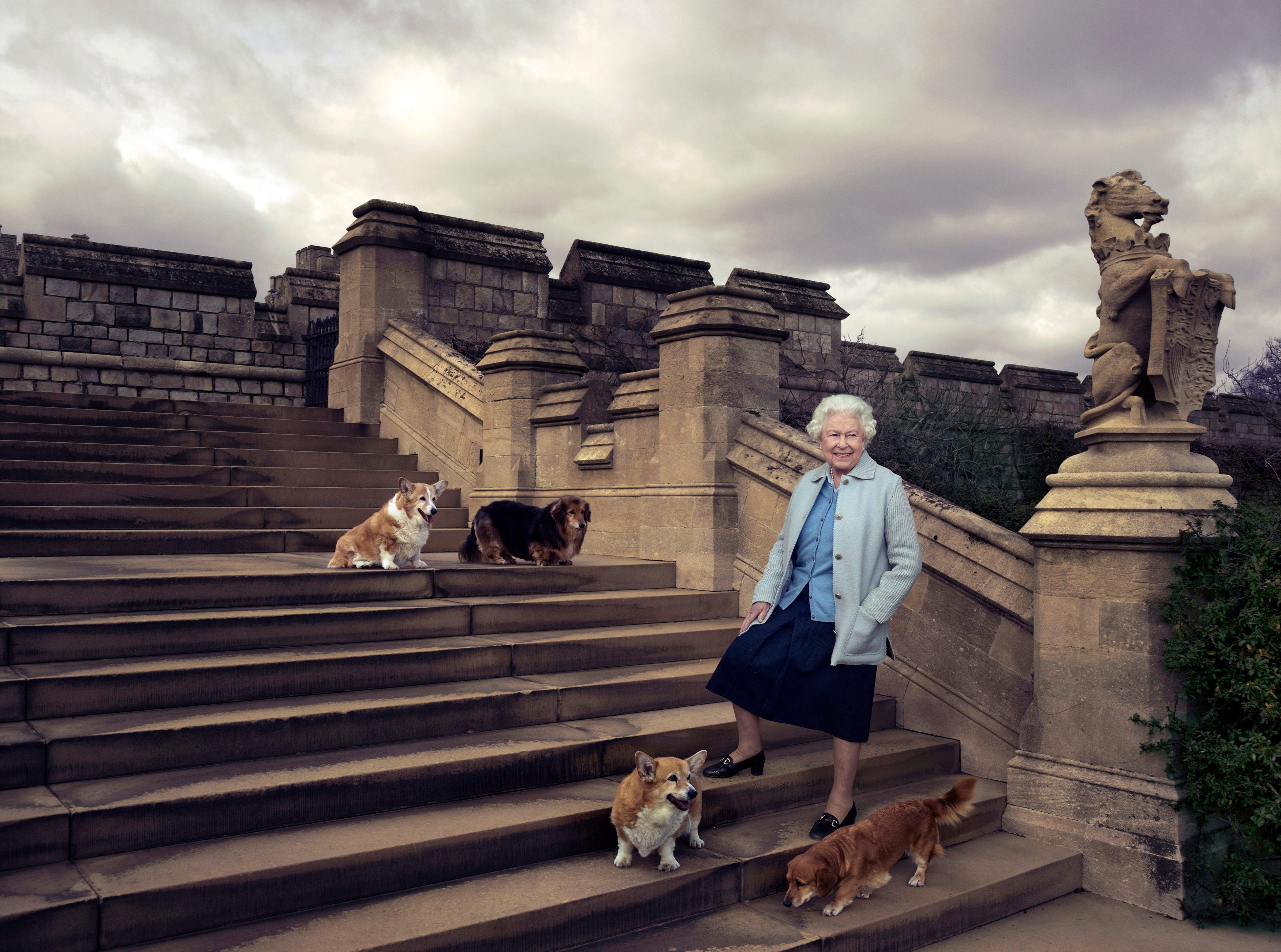 THE QUEEN AND HER DOGS. Queen Elizabeth II is seen walking in the private grounds of Windsor Castle on steps at the rear of the East Terrace and East Garden with four of her dogs: clockwise from top left Willow (corgi), Vulcan (dorgie), Candy (dorgie) and Holly (corgi). Photo from EPA/©2016 Annie Leibovitz/Handout UK and Ireland  