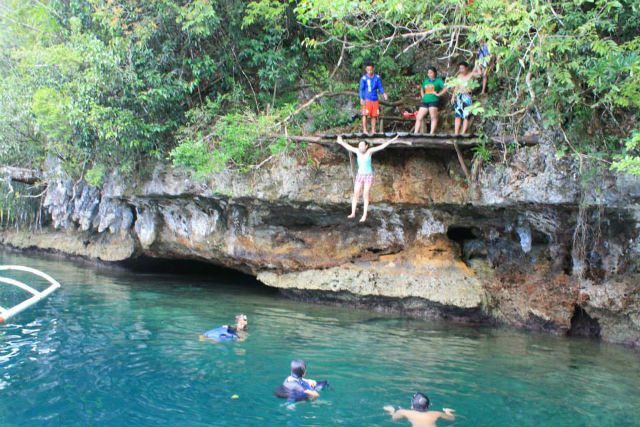 WATER JUMPING CHALLENGE. Recreational swimmers exit the cave by jumping into the water, while good swimmers dive into the water. Photos by Eleazar Cuela, Ginny Riobuya, and Joann Estiller  