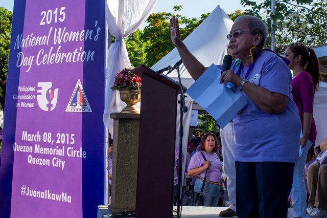 TAKE A STAND. Philippine Commission on Women (PCW) Chairperson Remedios Ignacio-Rikken addresses the crowd during the celebration of the International Women’s Day in Quezon Memorial Circle on March 8, 2015. 