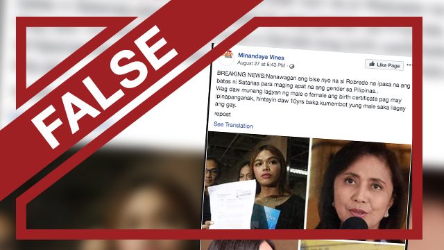 FALSE: Robredo ‘suggests’ gender not be identified in birth certificates till age 10