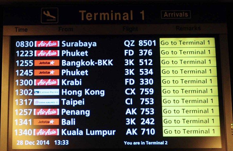 AirAsia QZ8501 from Surabaya was scheduled to arrive in Singapore at 830am on December 28, 2014.  Photo by AFP
