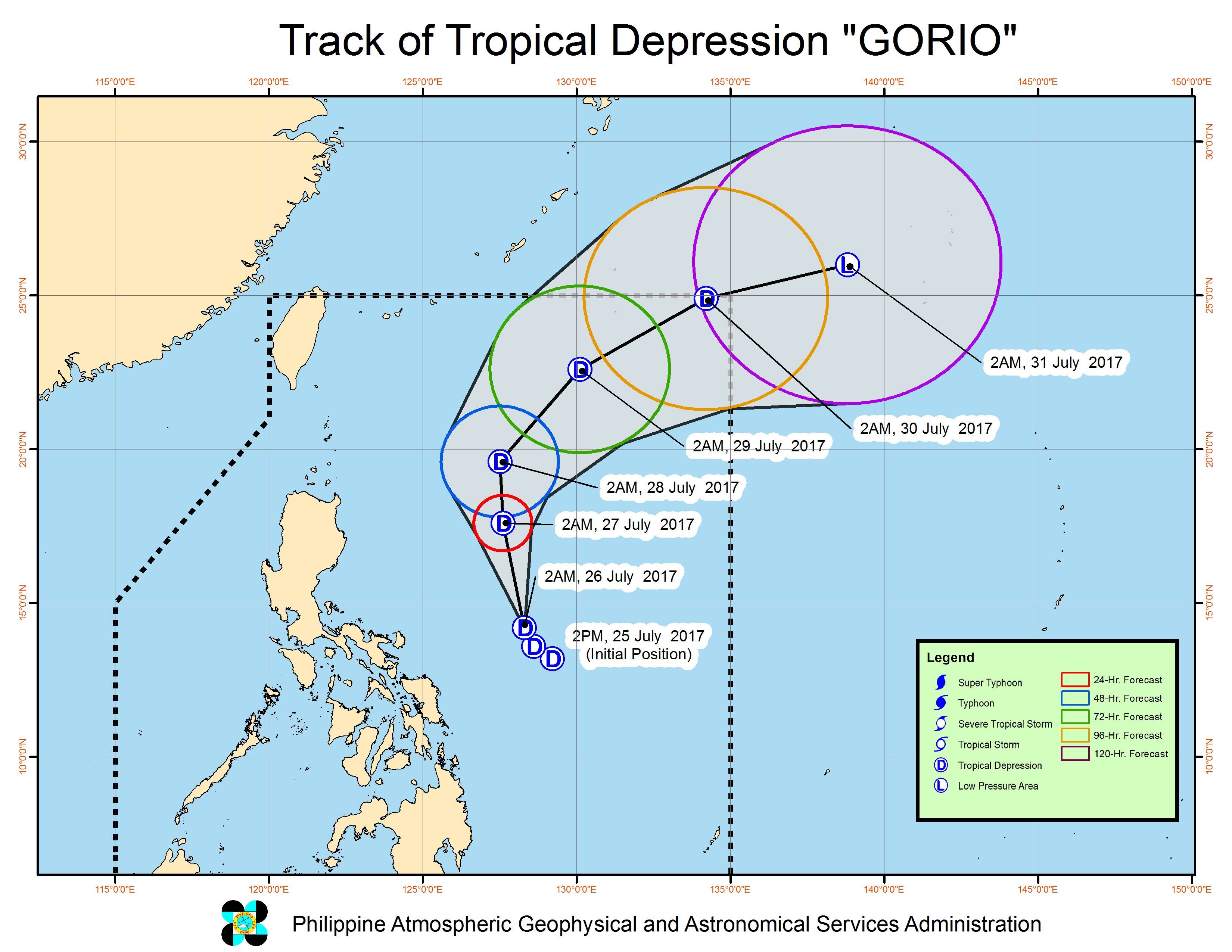 Forecast track of Tropical Depression Gorio as of July 25, 11 pm. Image courtesy of PAGASA 