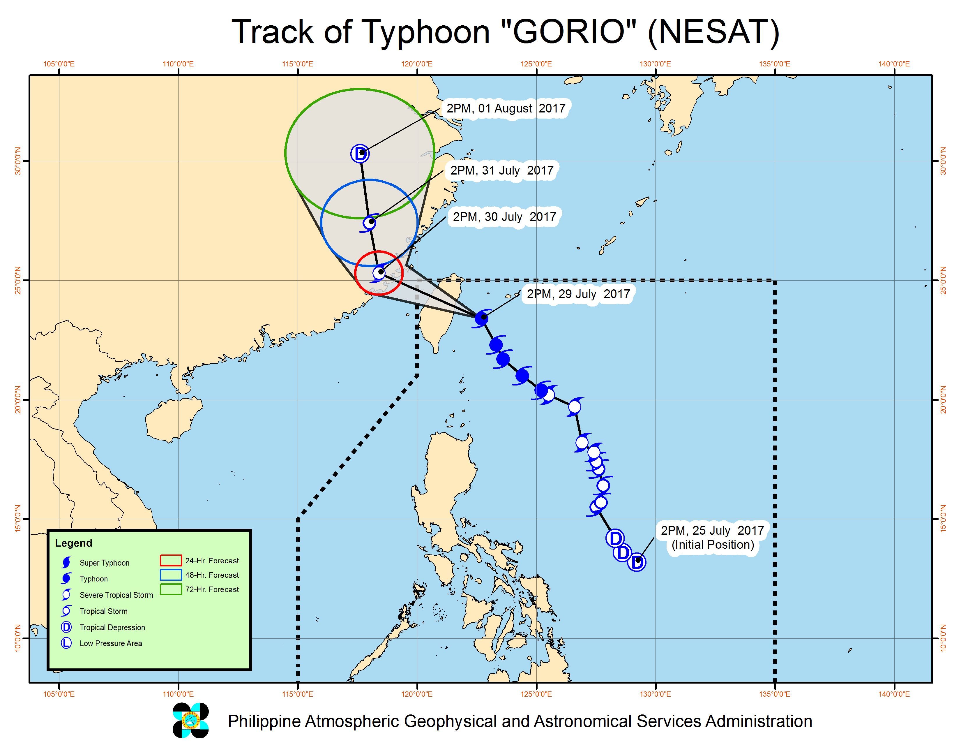 Forecast track of Typhoon Gorio as of July 29, 5 pm. Image courtesy of PAGASA 