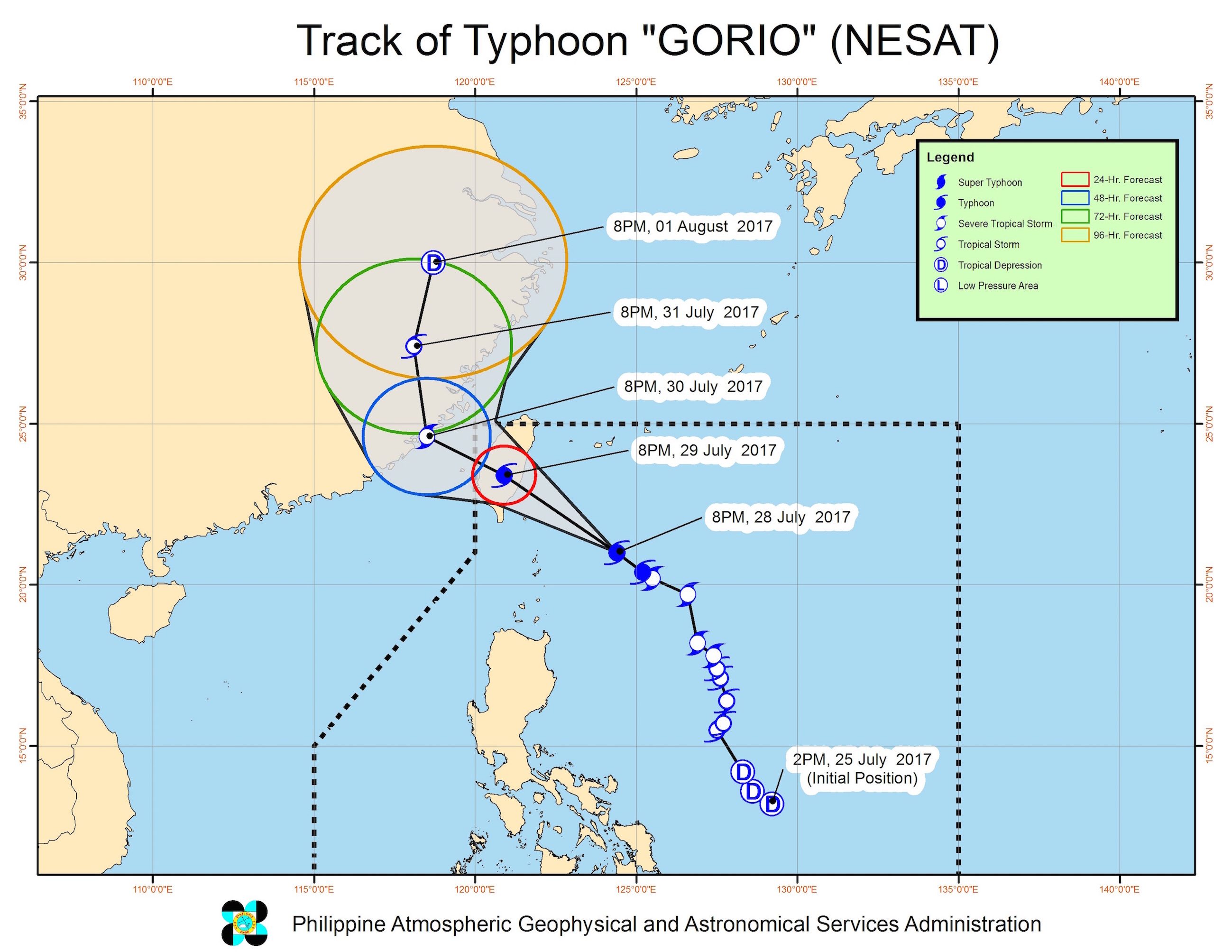 Forecast track of Typhoon Gorio as of July 28, 11 pm. Image courtesy of PAGASA 