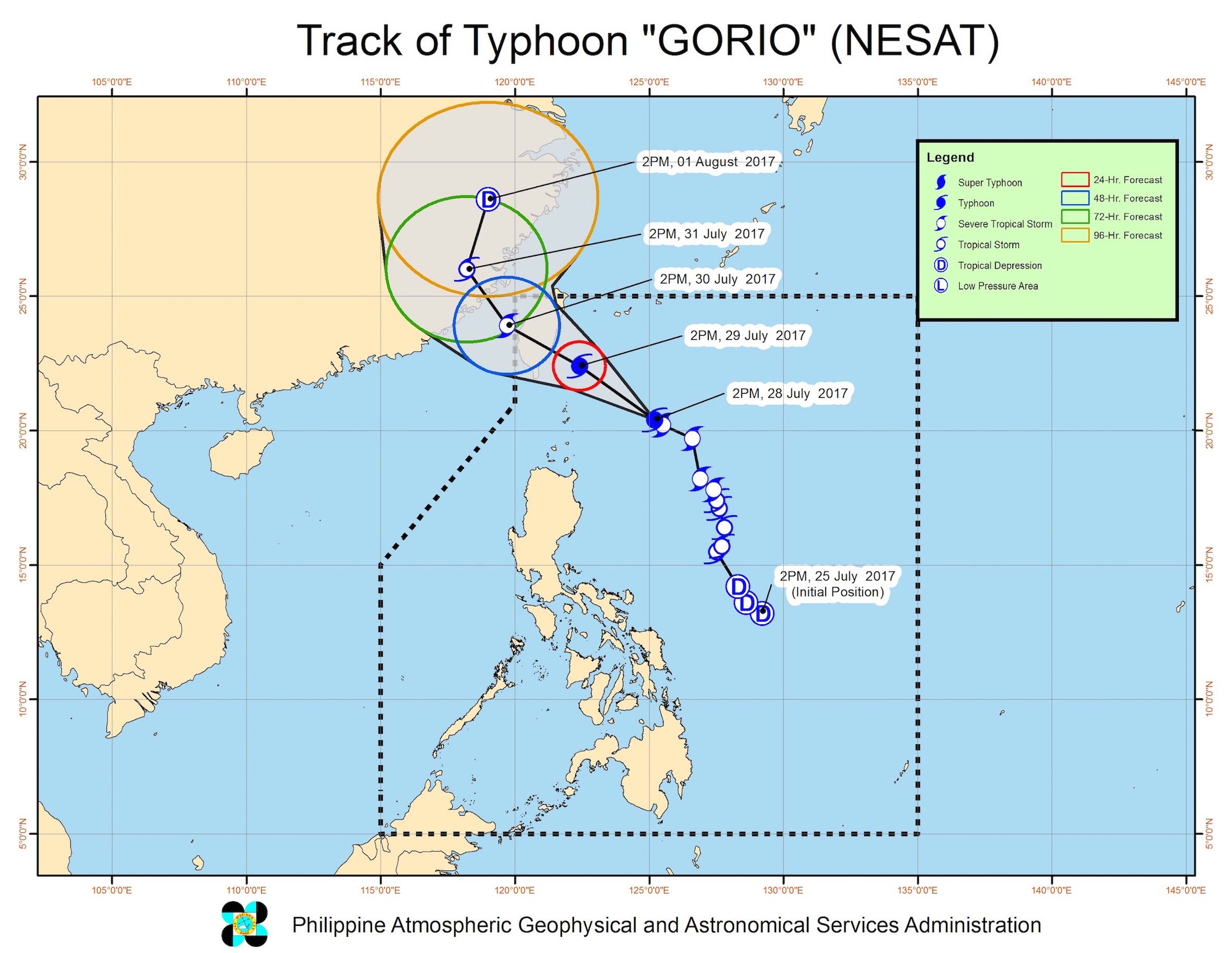 Forecast track of Typhoon Gorio as of July 28, 5 pm. Image courtesy of PAGASA 