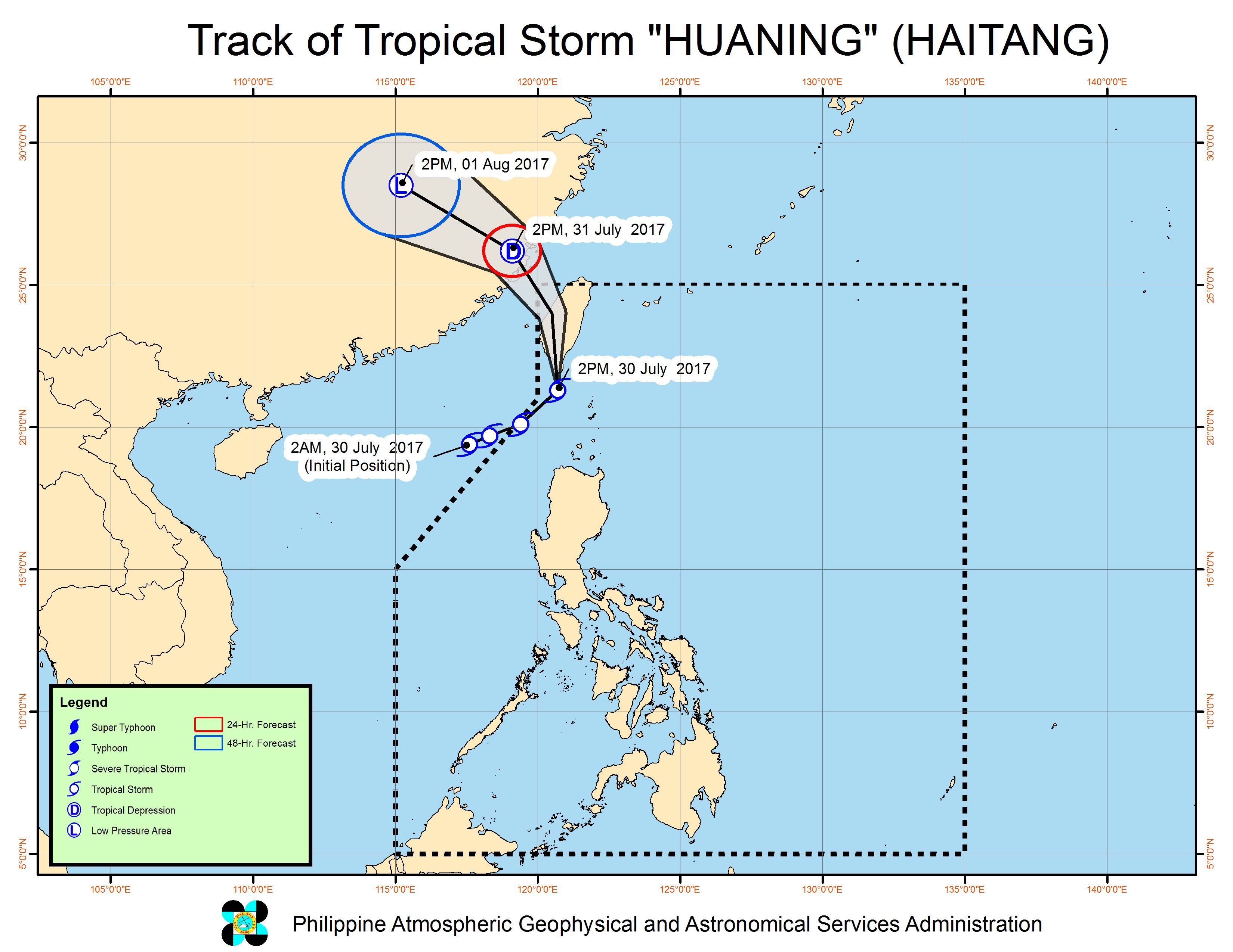 Forecast track of Tropical Storm Huaning as of July 30, 5 pm. Image courtesy of PAGASA 