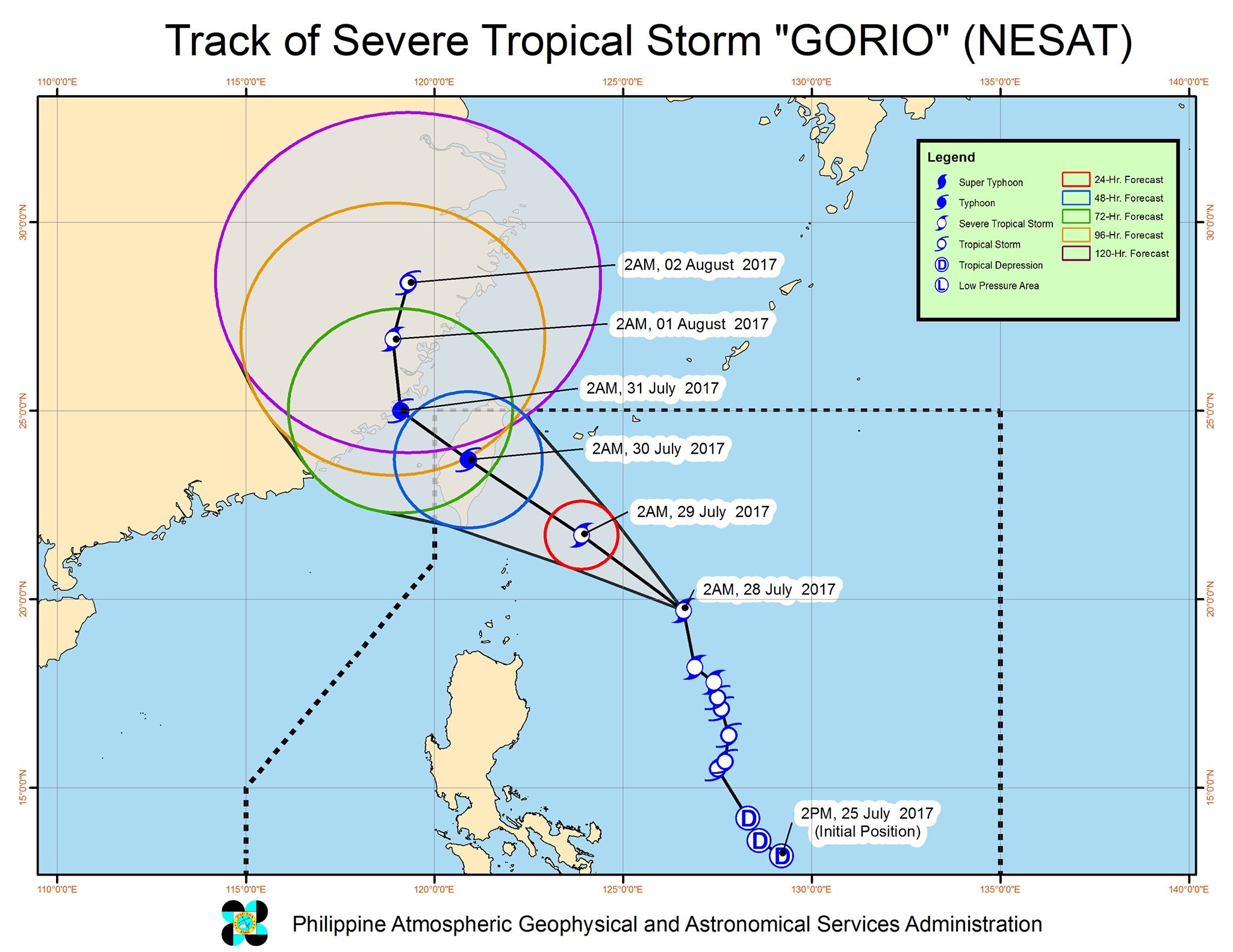 Forecast track of Severe Tropical Storm Gorio as of July 28, 5 am. Image courtesy of PAGASA  