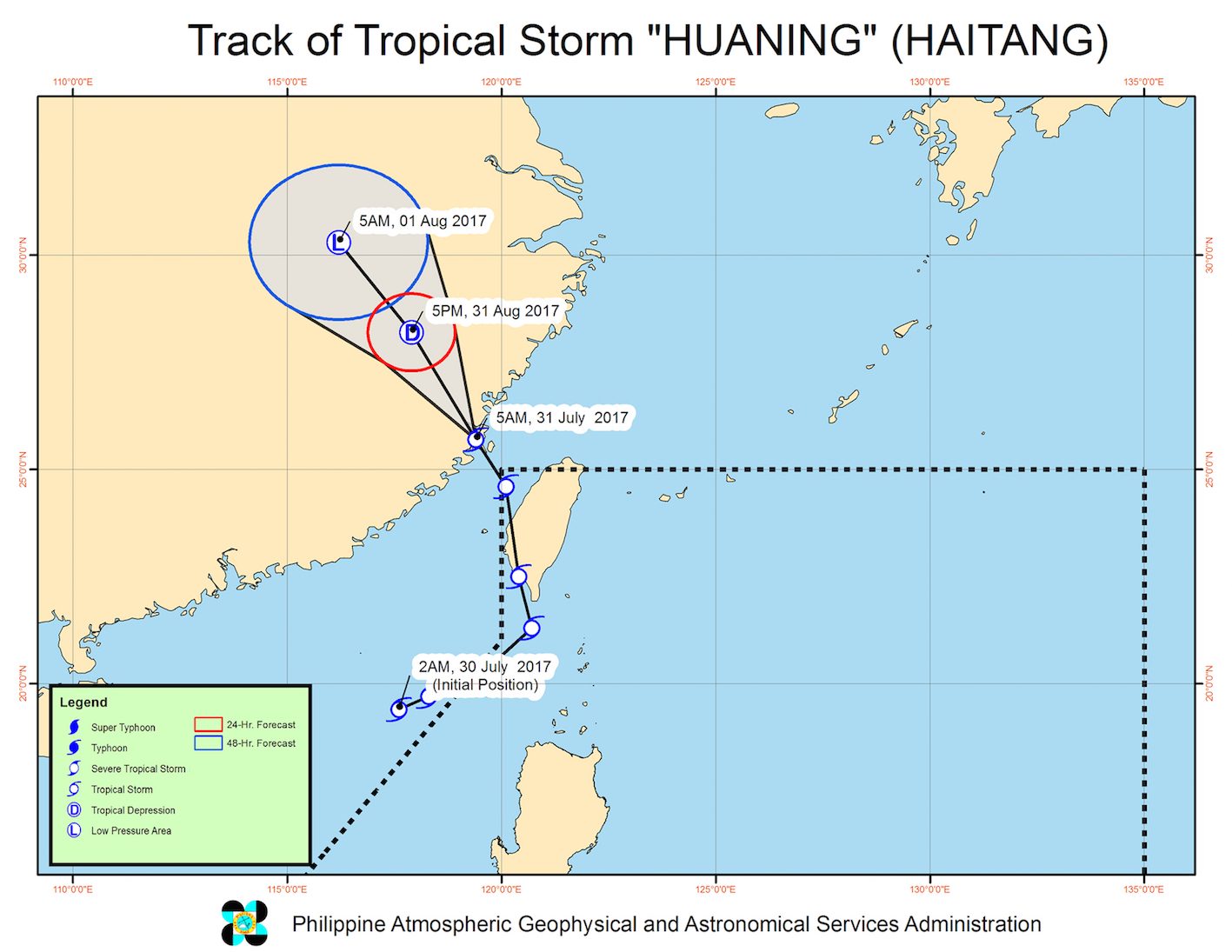 Forecast track of Tropical Storm Huaning as of July 31, 8 am. Image courtesy of PAGASA 
