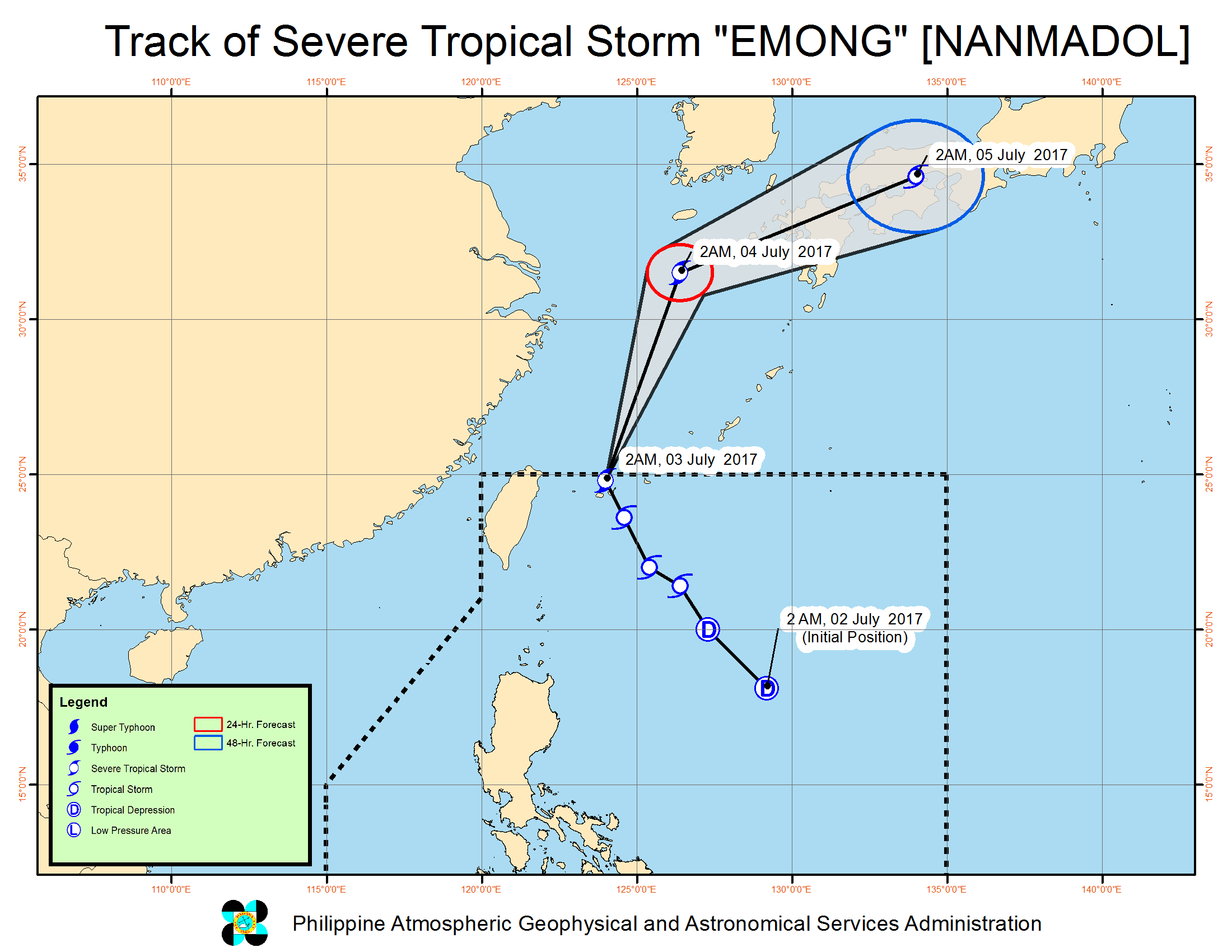 Forecast track of Severe Tropical Storm Emong as of July 3, 5 am. Image courtesy of PAGASA 