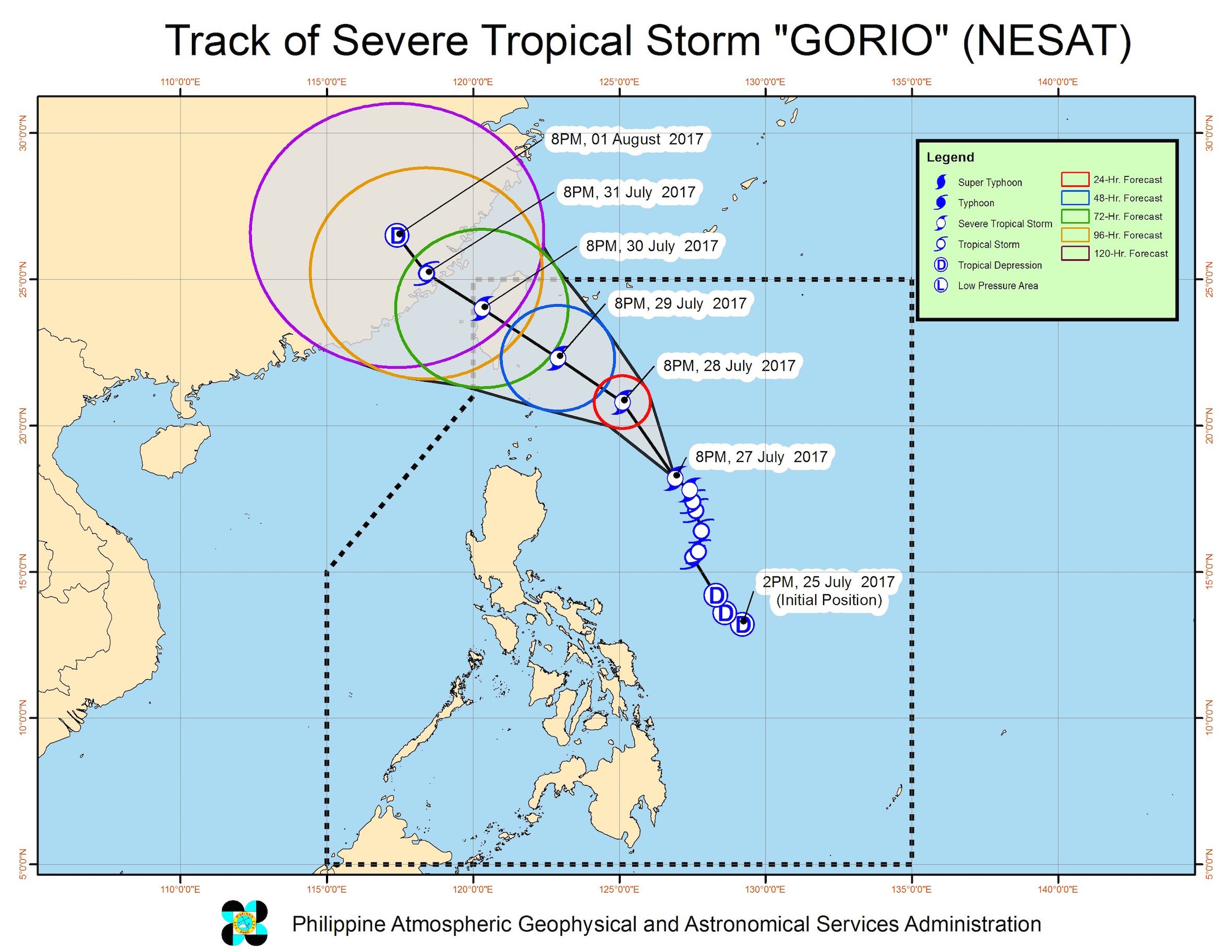 Forecast track of Severe Tropical Storm Gorio as of July 27, 11 pm. Image courtesy of PAGASA 