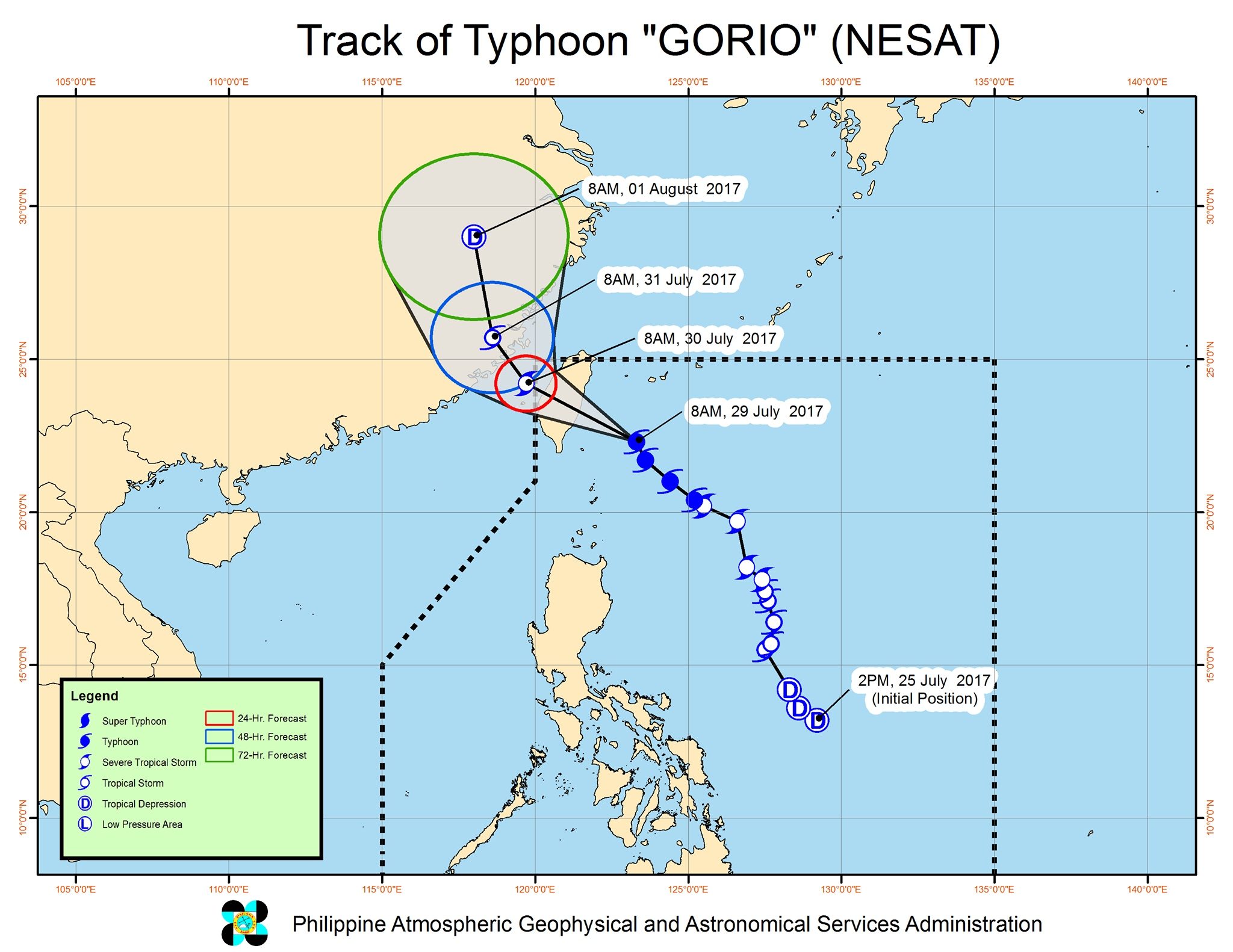 Forecast track of Typhoon Gorio as of July 29, 11 am. Image courtesy of PAGASA 