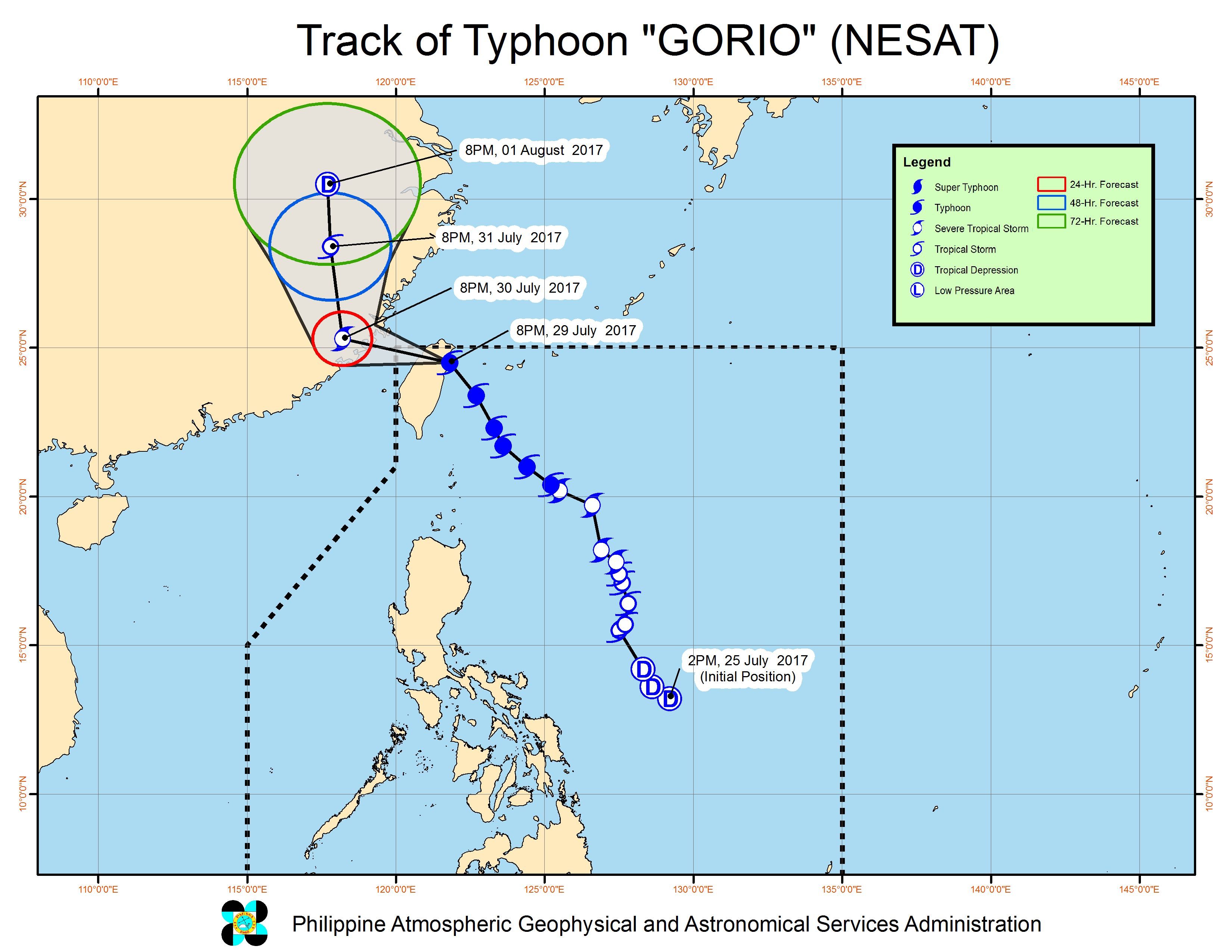 Forecast track of Typhoon Gorio as of July 29, 11 pm. Image courtesy of PAGASA 