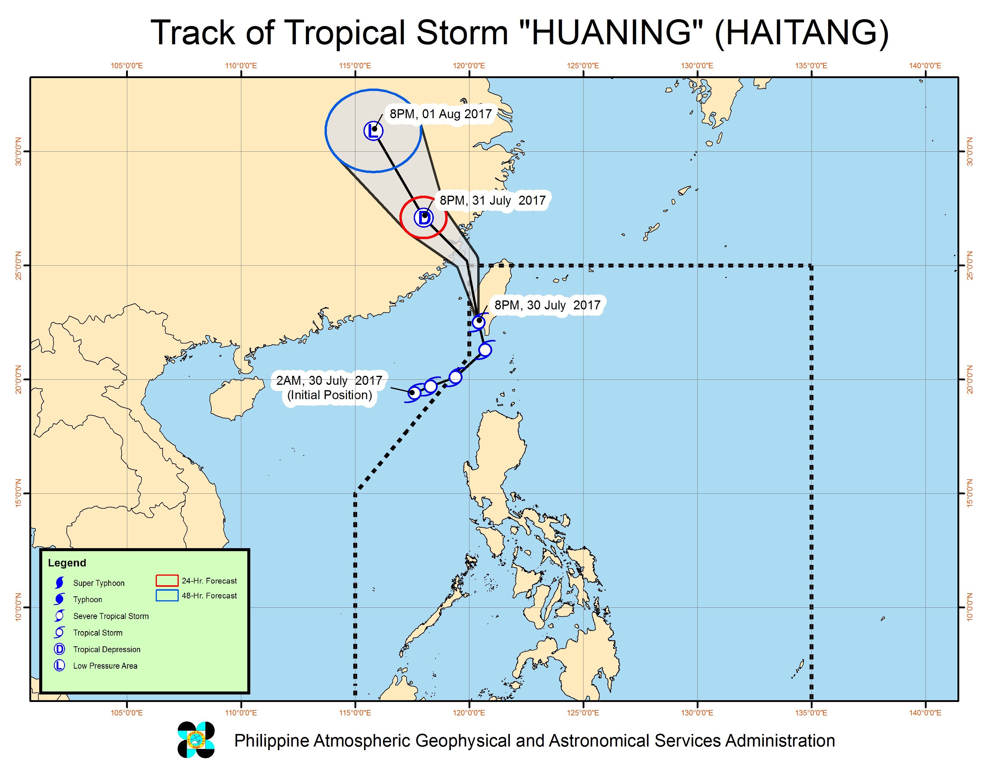 Forecast track of Tropical Storm Huaning as of July 30, 11 pm. Image courtesy of PAGASA 