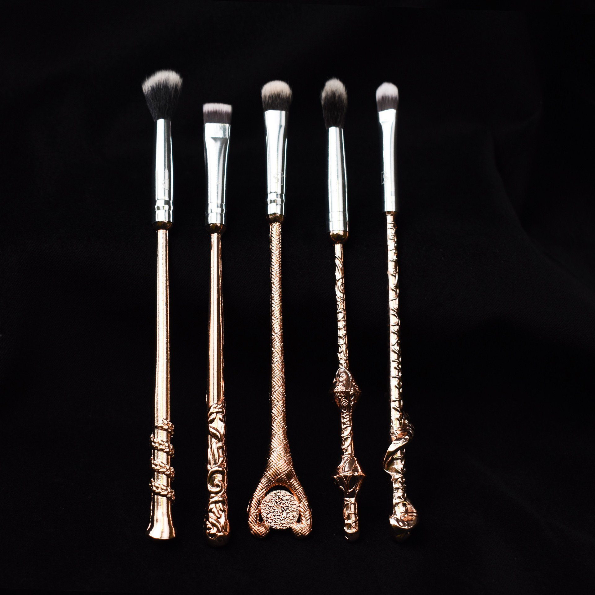 Storybook Cosmetics 5 piece rose gold wizard's wands brush set (USD 55) from storybookcosmetics.com 