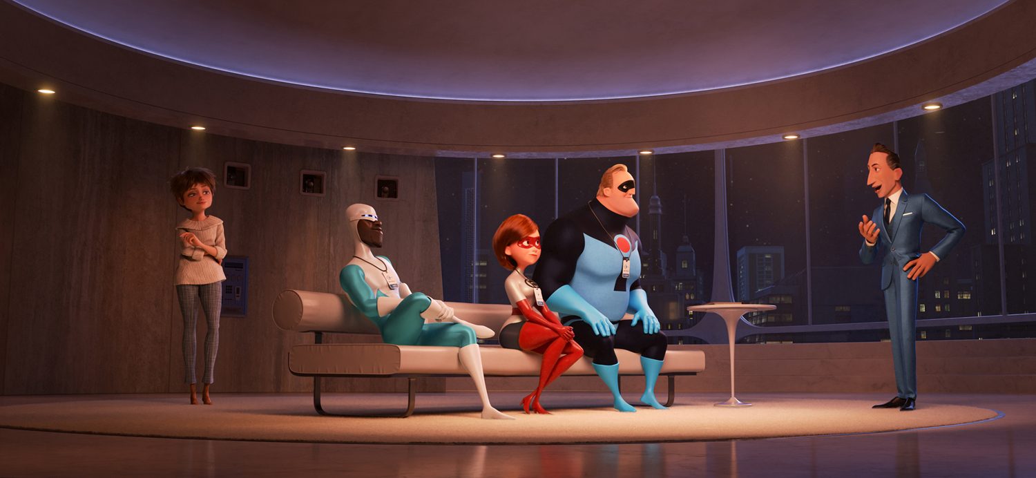SUPER FANS. Siblings and business partners Evelyn and Winston Deavor summon Frozone, Elastigirl, and Mr. Incredible to discuss a plan to make Supers legal again. Photo courtesy of Disney-Pixar 