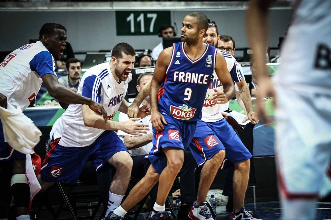 Team France shows love for Tony Parker after he hits another big shot. Photo by Josh Albelda/Rappler 