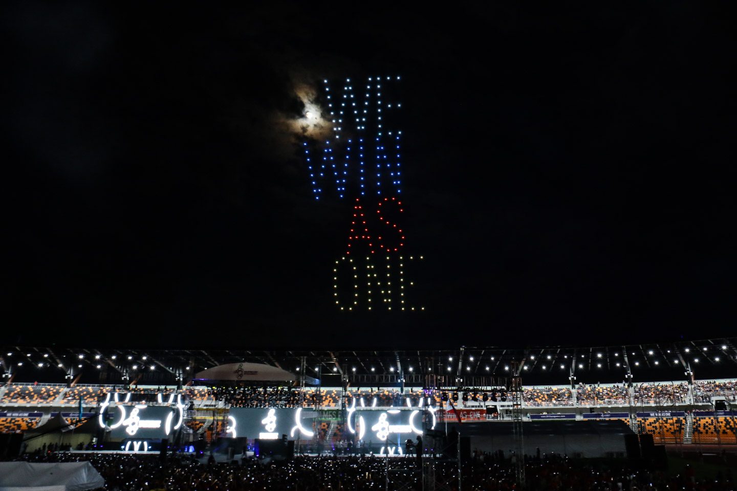 Drones form into "We Win As One" during the closing ceremony of the 30th Southeast Asian Games. Photo by Josh Albelda/Rappler 