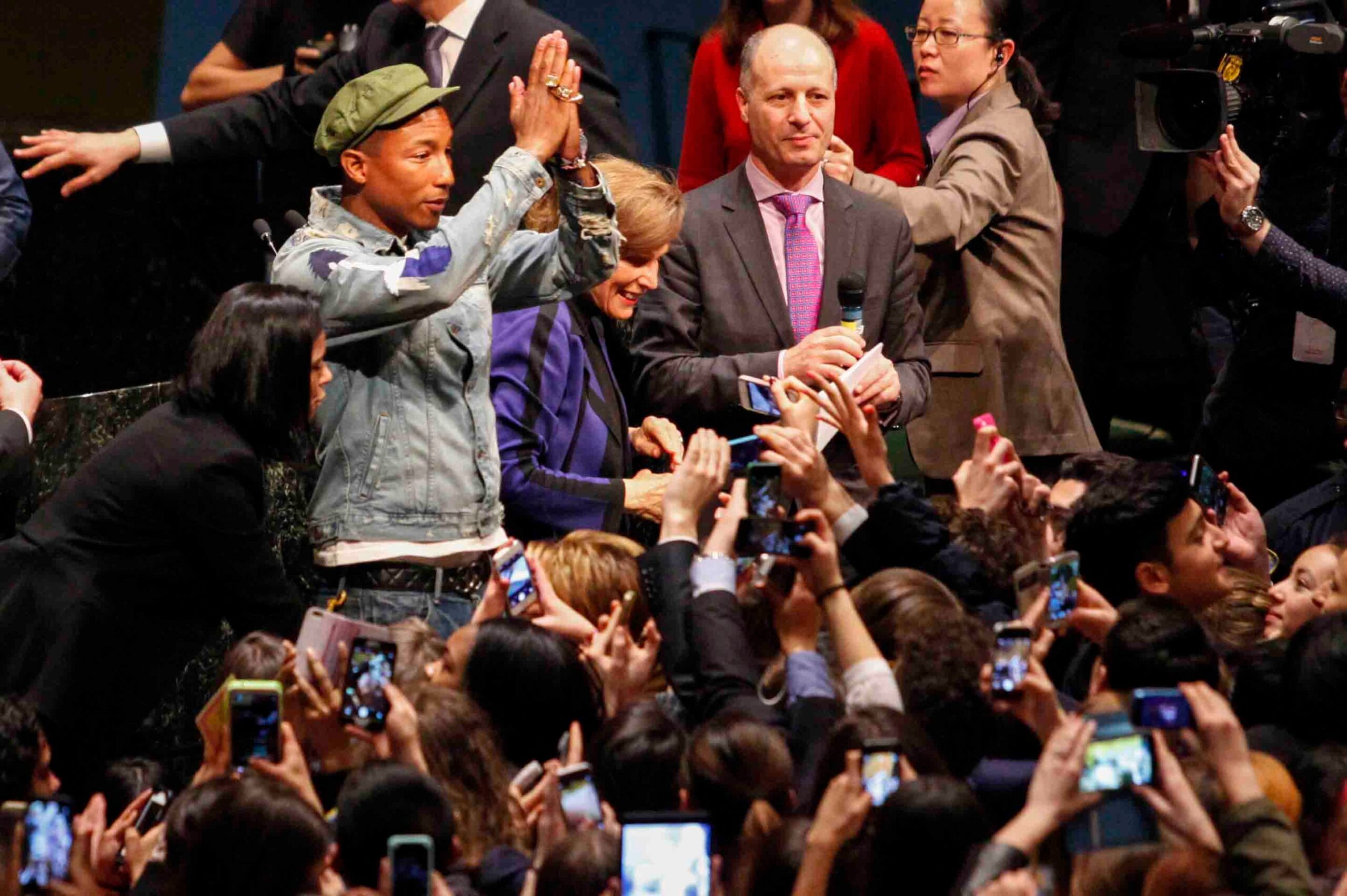 ‘Happy’ Pharrell mobbed at UN General Assembly