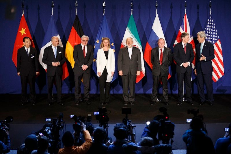 ACCORD REACHED. Chinese representative, French Foreign Minister Laurent Fabius, German Minister of Foreign Affairs Frank-Walter Steinmeier, High Representative of the European Union for Foreign Affairs and Security Policy Federica Mogherini,Iranian Foreign Minister Javad Zarif, the Russian representative, British Foreign Secretary Philip Hammond and US Secretary of State John Kerry pose for a group picture at a press event after the end of a new round of Nuclear Iran Talks in the Learning Center at the Swiss federal Institute of Technology (EPFL), in Lausanne, Switzerland, 02 April 2015. Valentin Flauraud/EPA 