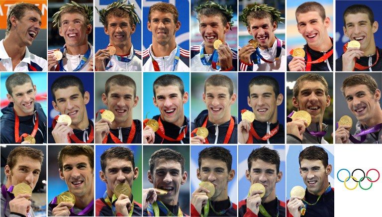 TWENTY-THREE. Combination picture made on August 14, 2016 shows US swimmer Michael Phelps with the 23 gold medals he won at the Olympic Games in Athens 2004, Beijing 2008, London 2012 and Rio 2016. Antonio Scorza/AFP 