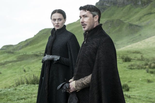 Sophie Turner as Sansa Stark and Aidan Gillen as Littlefinger. Photo by Helen Sloan/HBO 