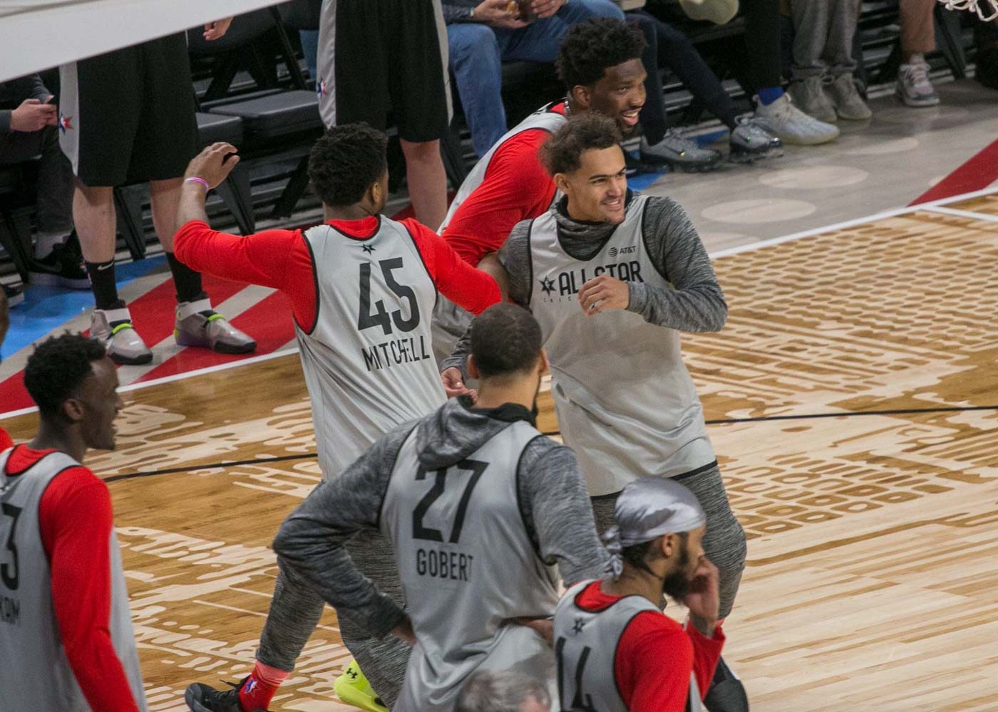 JIG. The trio of Donovan Mitchell, Joel Embiid and Trae Young, though, continue to ham it up and dance instead of listening to instructions. Photo by Paul Mata/Rappler  