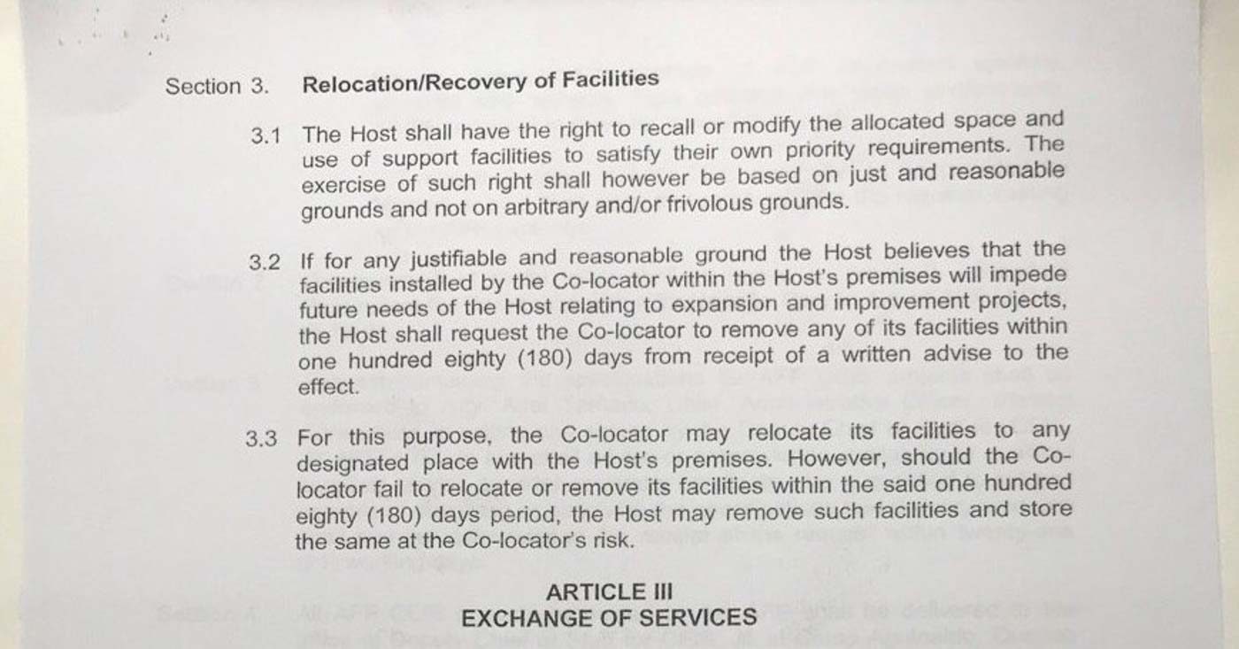 RELOCATION/RECOVERY. The third provision under this section of the contract between the military and Dito Telecommunity allows facility relocation 'to any designated place' within the military property. Photo obtained by Rappler  