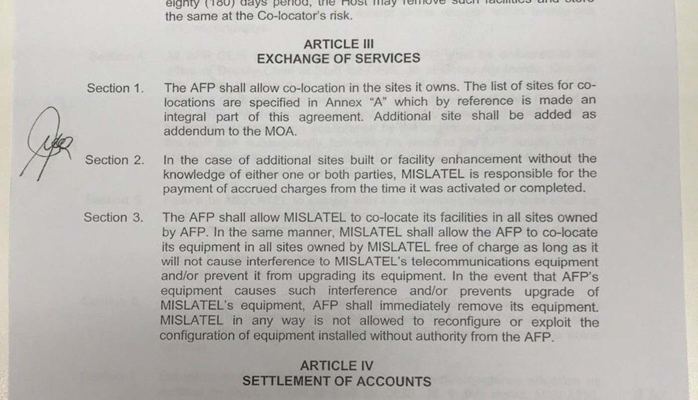 ALL SITES. The 3rd provision in this article of the memorandum of agreement between the Armed Forces of the Philippines and Dito Telecommunity allows co-location in 'all sites owned' by either party. Photo obtained by Rappler  