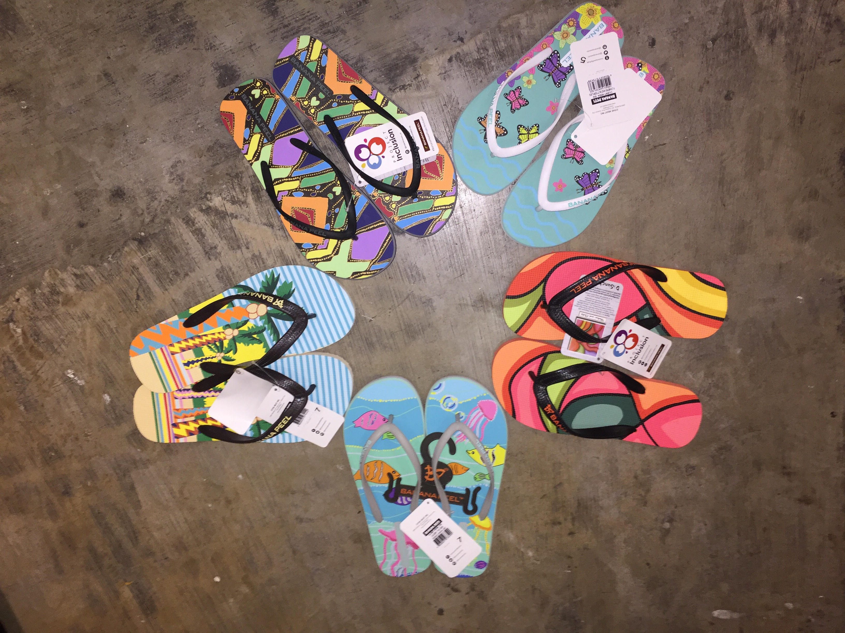 COLORFUL. These are the flip-flops design by artists with autism available in all Banana Peel stores 