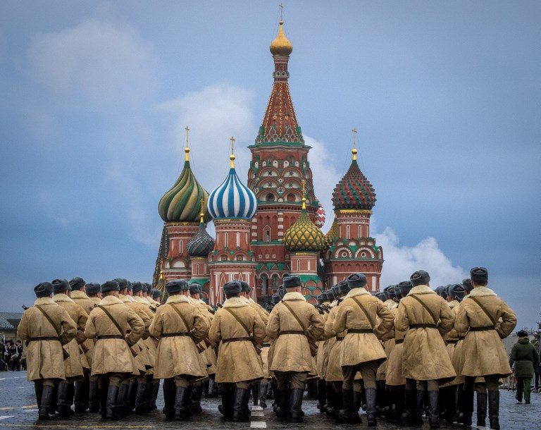 RED ARMY. Russian soldiers rehearse for a parade on Red Square in Moscow on November 5, 2017. Photo by Mladen Antonov/AFP  