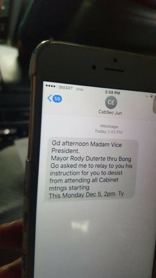 'GD AFTERNOON.' A photo of Cabinet Secretary Evasco's text to Vice President Robredo. Photo courtesy of Barry Gutierrez  