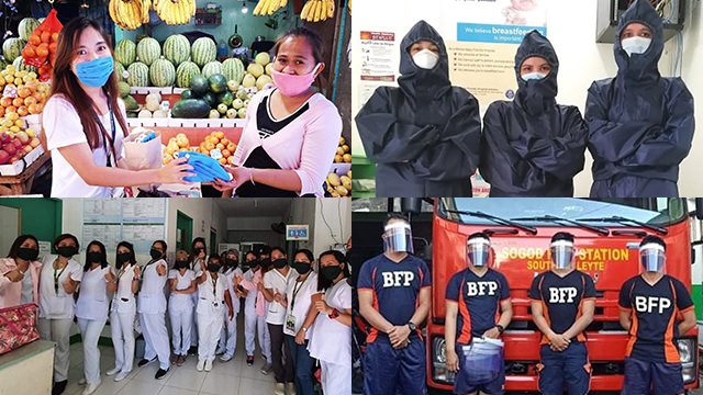 FOR THE COMMUNITY. Volunteer group Tabang PH provides alternative personal protective equipment sets to healthcare workers, vendors, and firemen in Leyte. Photos from Tabang PH. 