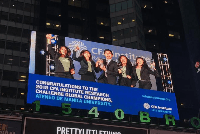 TIMES SQUARE MOMENT. The winning team is flashed on a digital billboard in New York's Times Square. Photo courtesy of Alfonso Miguel Sevidal
 