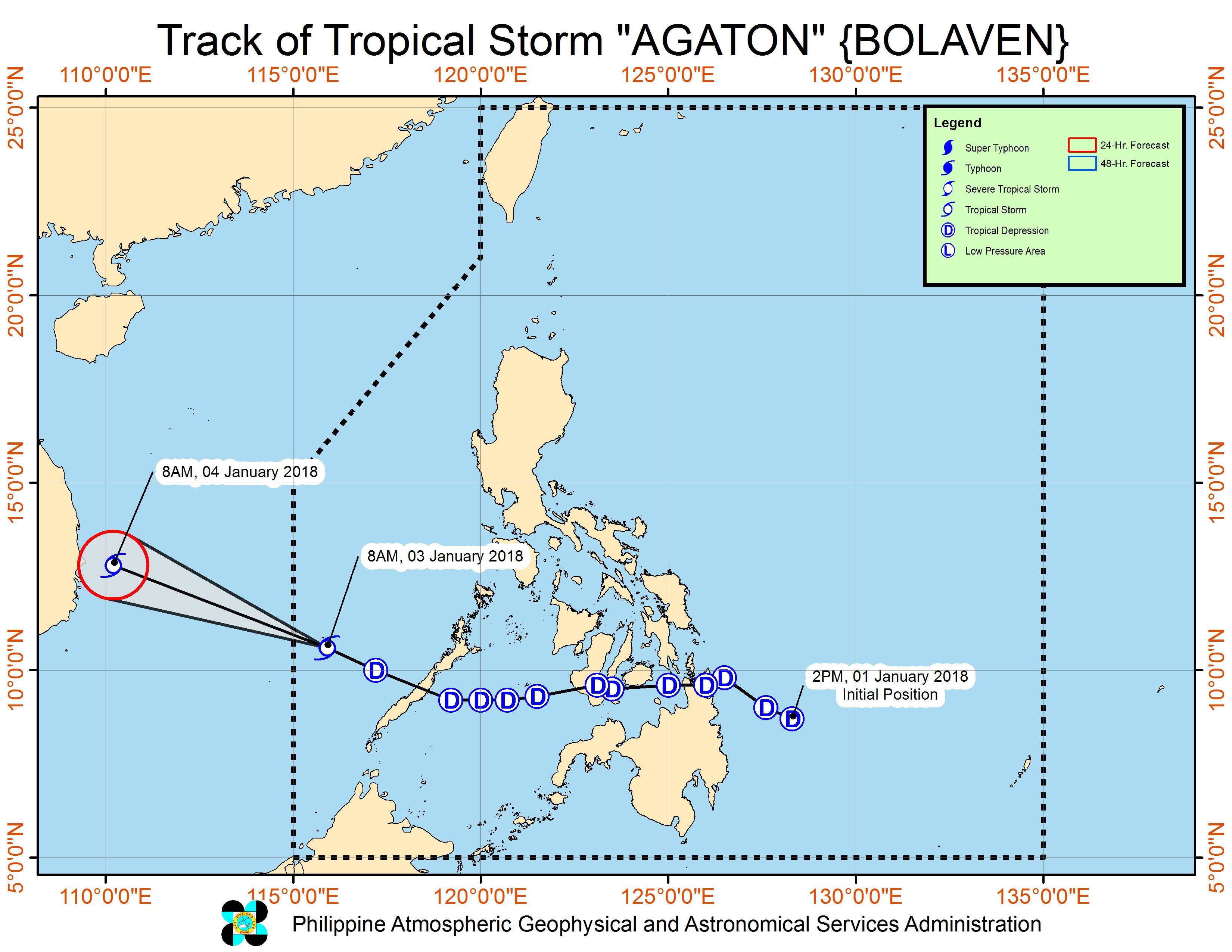 Forecast track of Tropical Storm Agaton as of January 3, 11 am. Image courtesy of PAGASA 