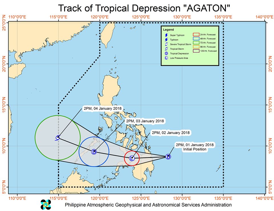 Forecast track of Tropical Depression Agaton as of January 1, 5 pm. Image courtesy of PAGASA 