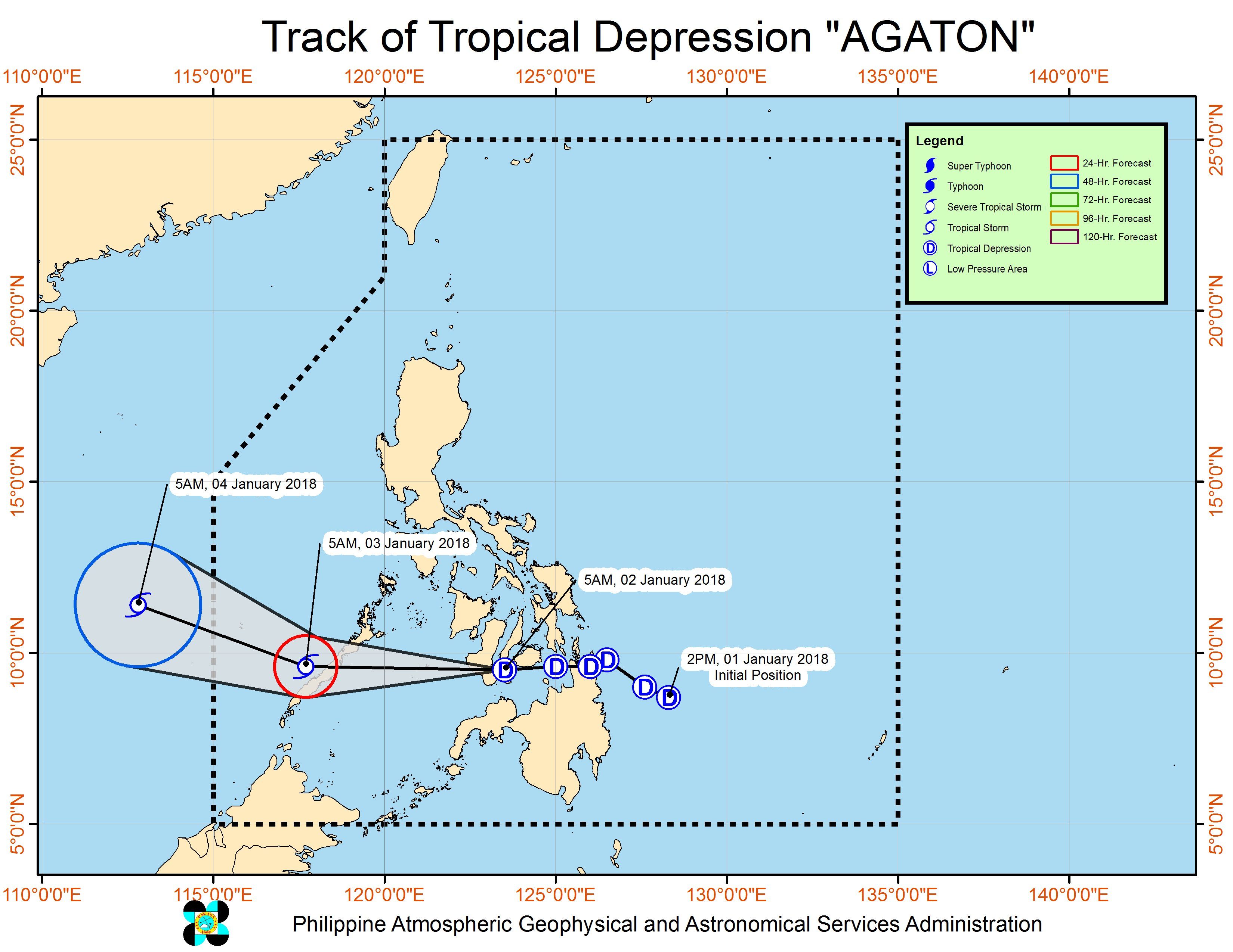 Forecast track of Tropical Depression Agaton as of January 2, 8:30 am. Image courtesy of PAGASA 