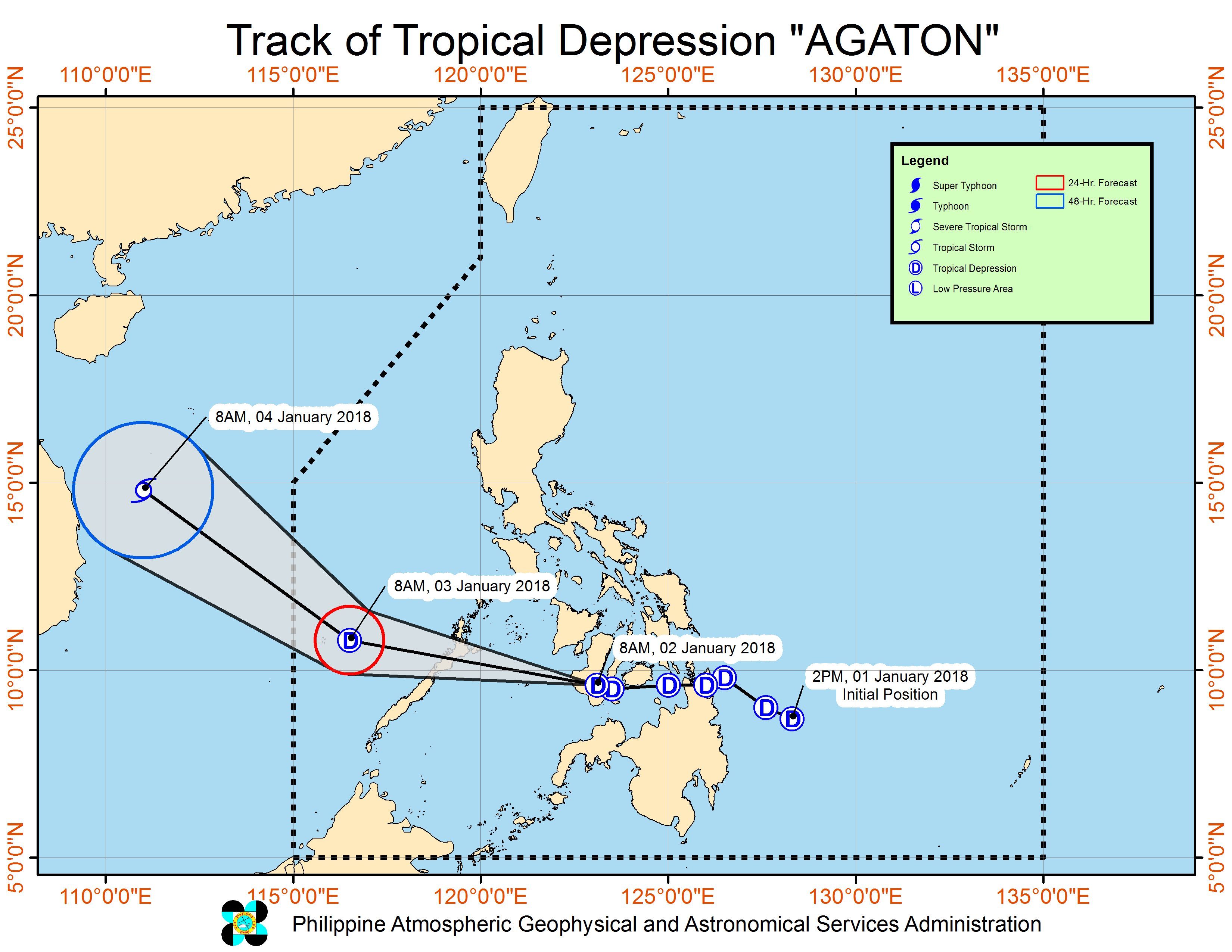 Forecast track of Tropical Depression Agaton as of January 2, 11 am. Image courtesy of PAGASA 