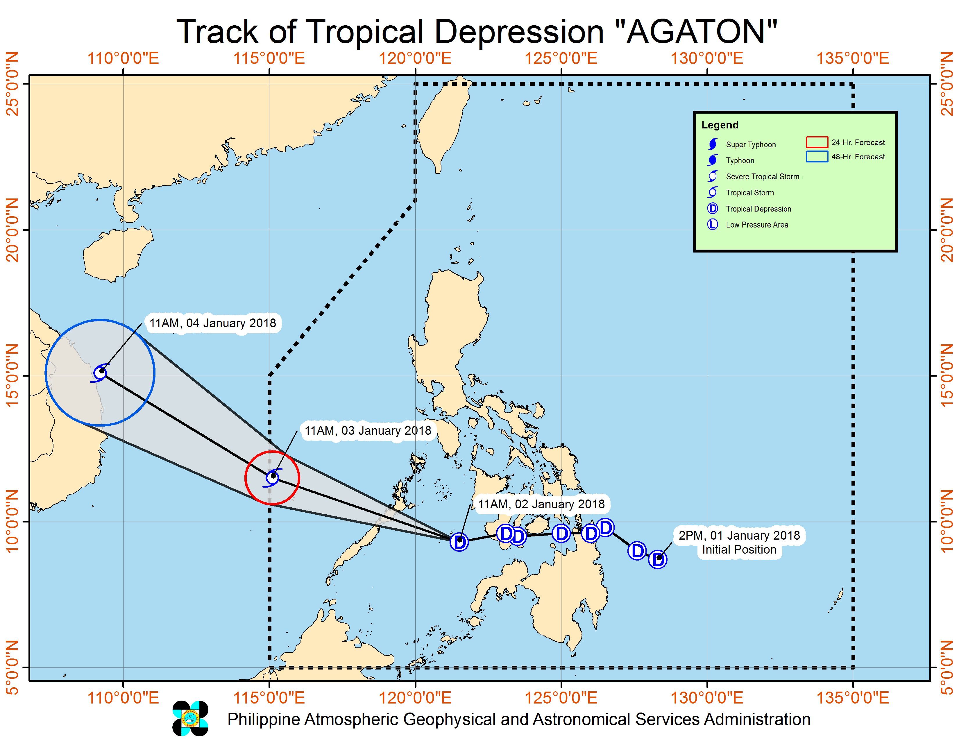 Forecast track of Tropical Depression Agaton as of January 2, 2 pm. Image courtesy of PAGASA 