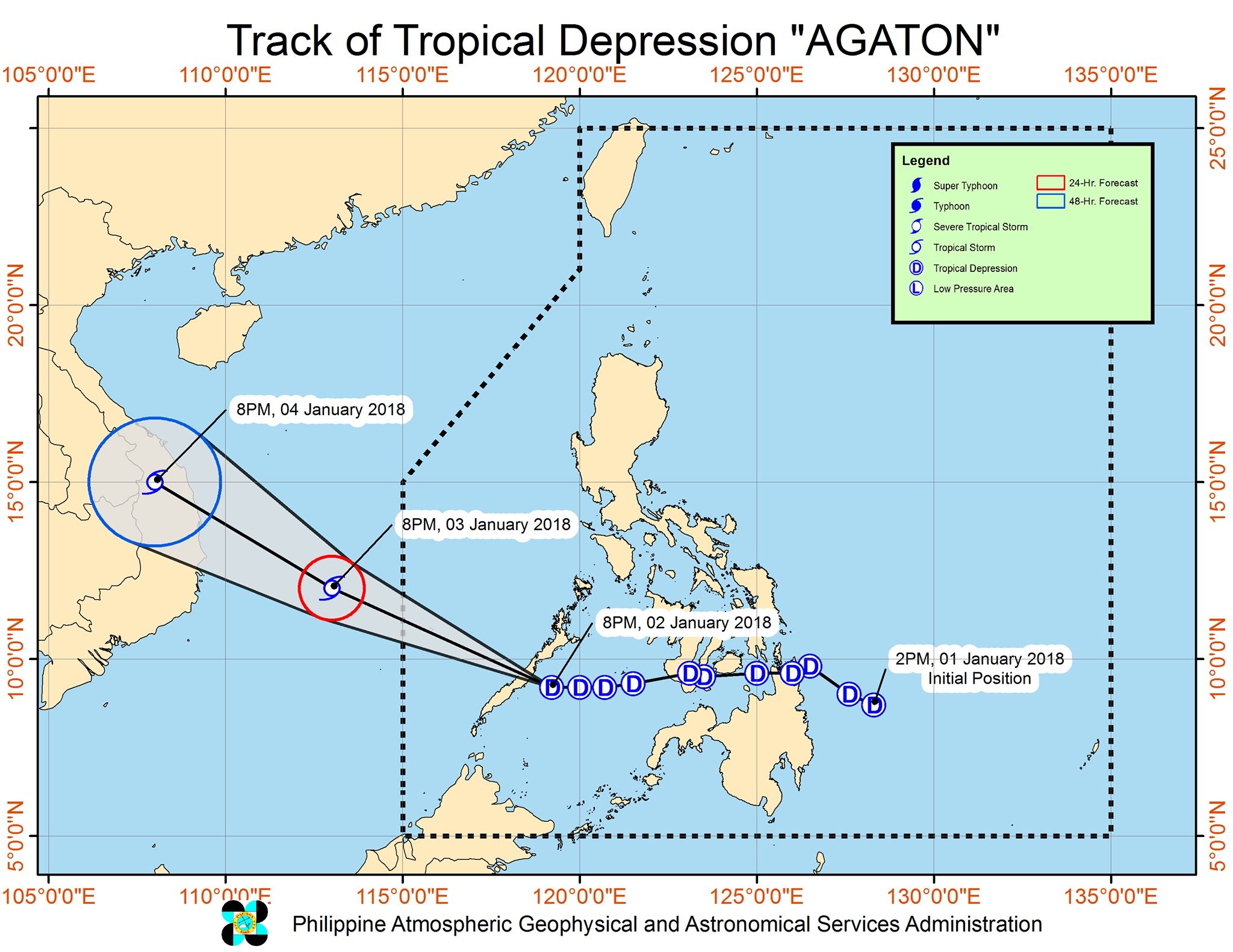 Forecast track of Tropical Depression Agaton as of January 2, 11 pm. Image courtesy of PAGASA 