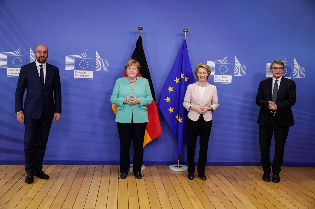 EU LEADERS. European Council President Charles Michel, German Chancellor Angela Merkel, European Commission President Ursula von der Leyen, and European Parliament President David Sassoli pose for a photo ahead of a meeting in Brussels on July 8, 2020. Photo by Stephanie Lecocq/Pool/AFP  