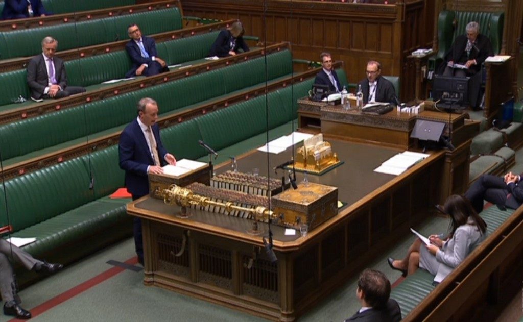 IMMIGRATION. A video grab from footage broadcast by the UK Parliament's Parliamentary Recording Unit (PRU) shows Britain's Foreign Secretary Dominic Raab as he makes a statement on Hong Kong, in the House of Commons in London on July 1, 2020. AFP PHOTO/PRU 