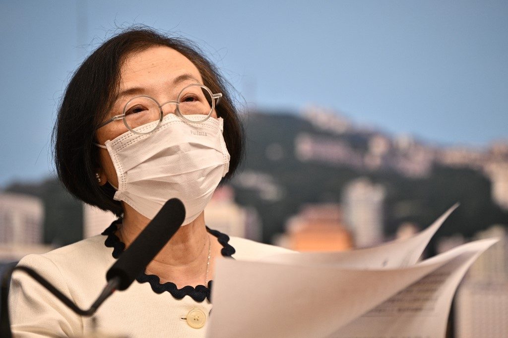 COVID-19 IN HONG KONG. Hong Kong's Secretary for Food and Health Sophia Chan speaks during a press conference on retightening precautionary measures against the COVID-19 coronavirus in Hong Kong on July 9, 2020, after the city saw a new local outbreak. Photo by Anthony Wallace/AFP 