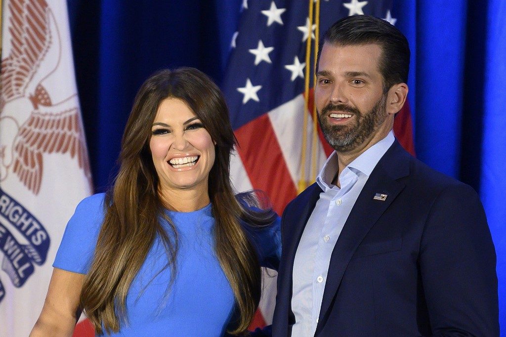 THE TRUMP COUPLE. In this file photo taken on February 3, 2020 Donald Trump Jr. (R) and his girlfriend Kimberly Guilfoyle smile during a "Keep Iowa Great" press conference in Des Moines, IA. File photo by Jim Watson/AFP 