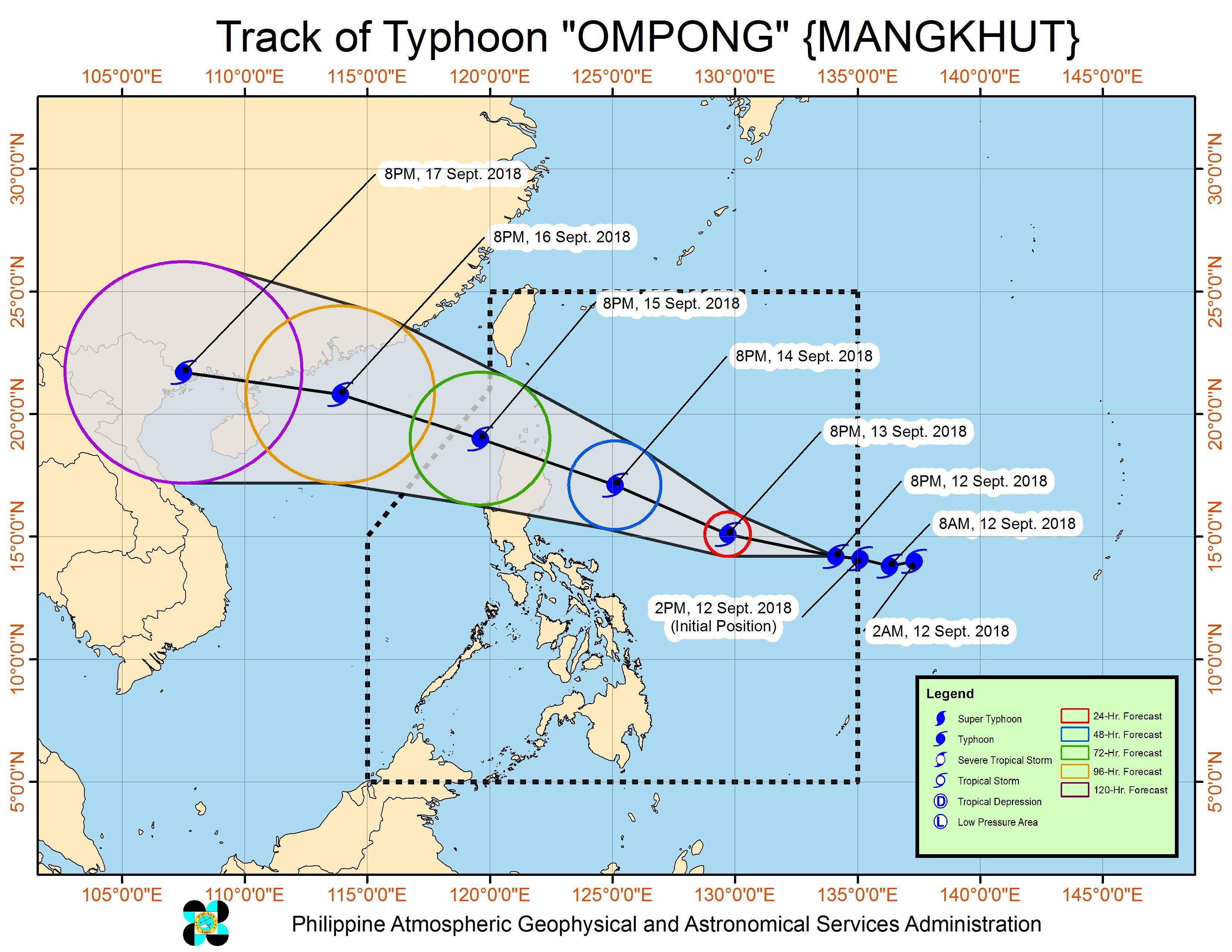 Forecast track of Typhoon Ompong (Mangkhut) as of September 12, 2018, 11 pm. Image from PAGASA 