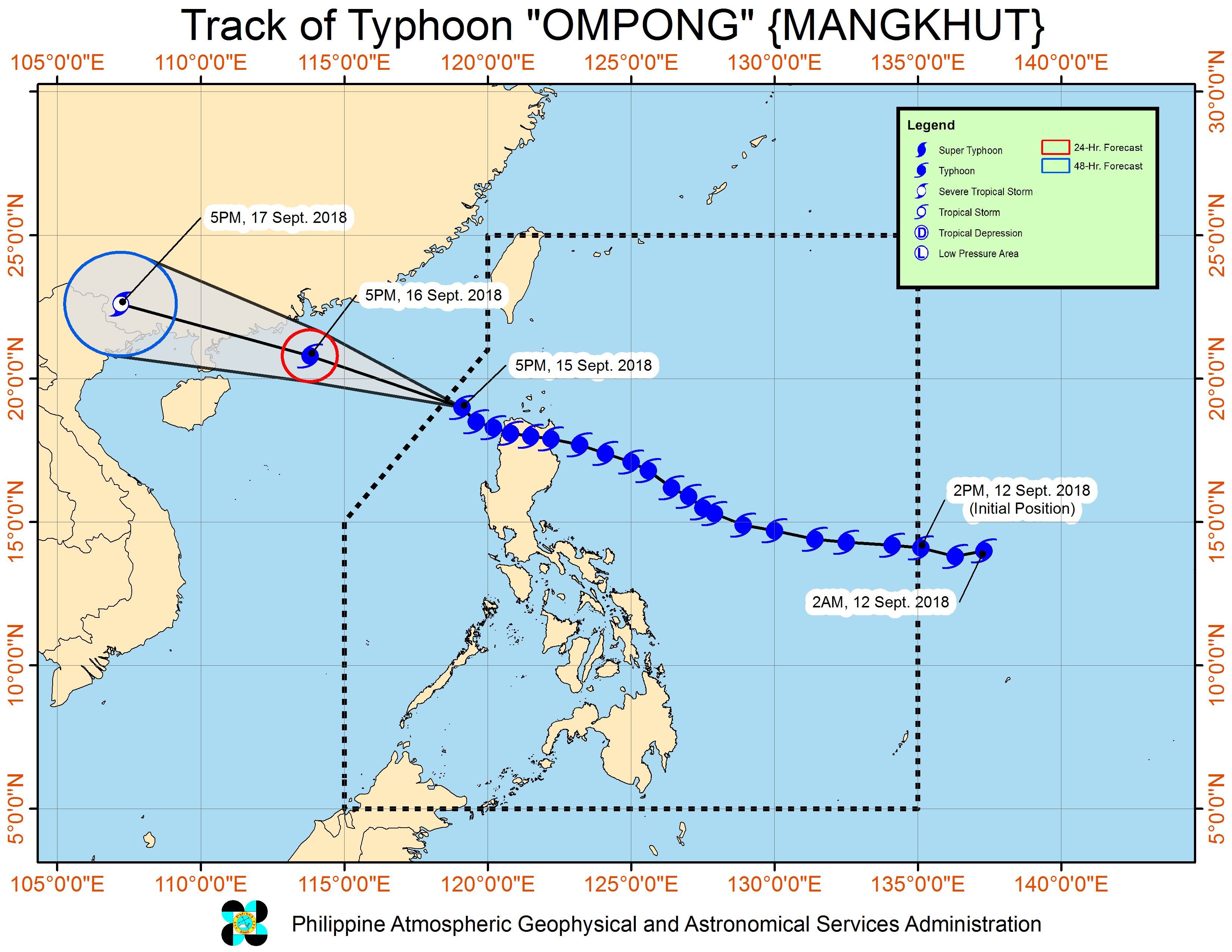 Forecast track of Typhoon Ompong (Mangkhut) as of September 15, 2018, 8 pm. Image from PAGASA 