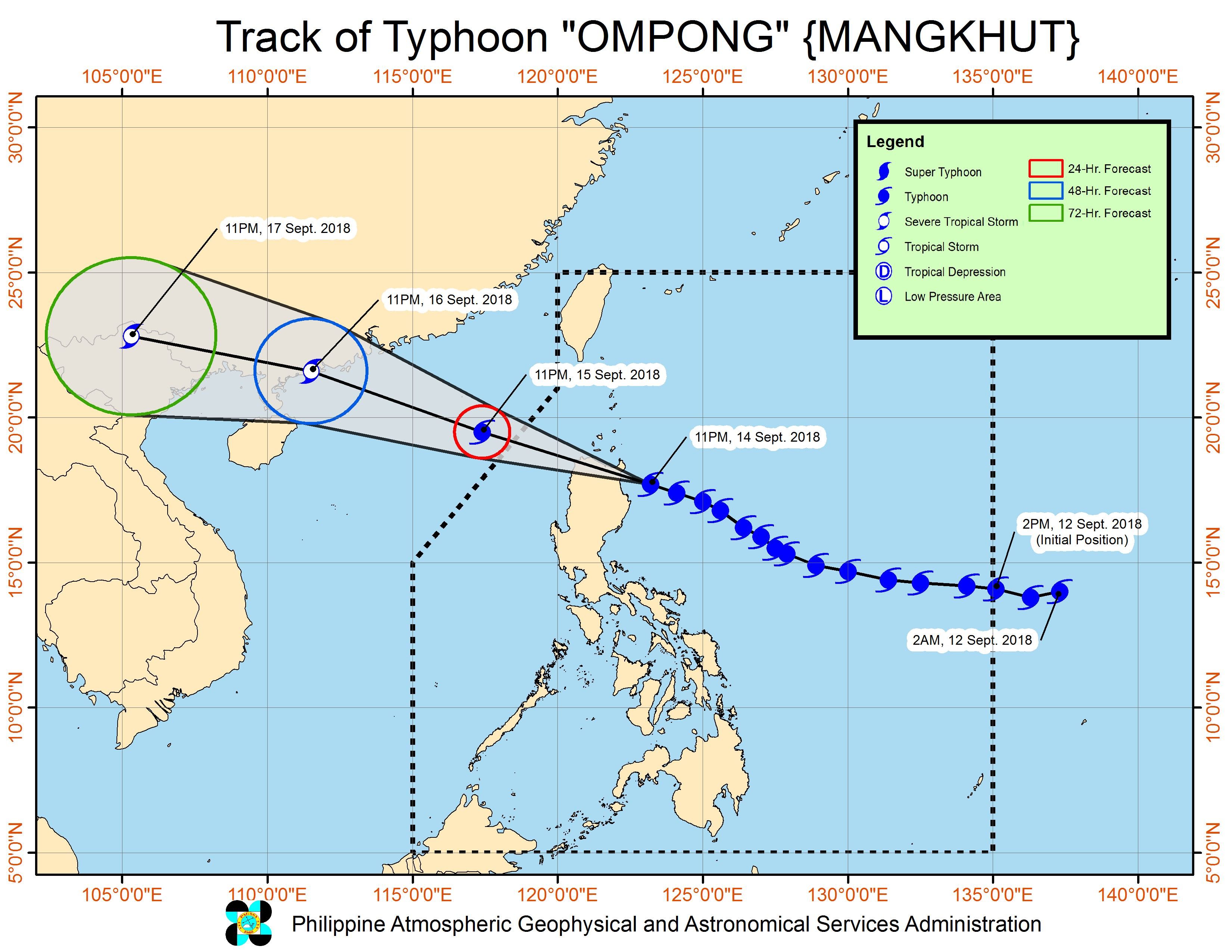 Forecast track of Typhoon Ompong (Mangkhut) as of September 15, 2018, 2 am. Image from PAGASA 